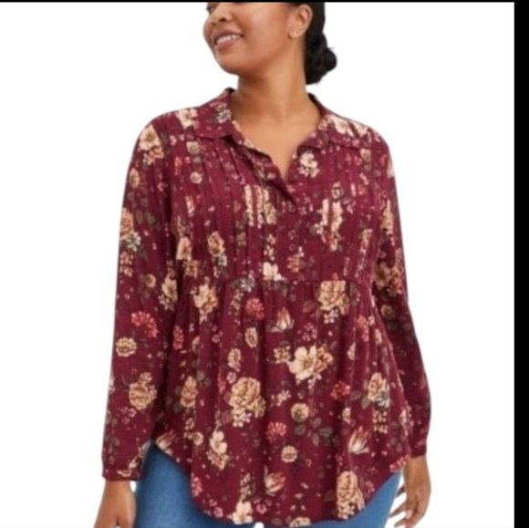 torrid Tops - Torrid Textured Stretch Rayon Dark Academia Wine Floral Romantic Tunic Sz 3x